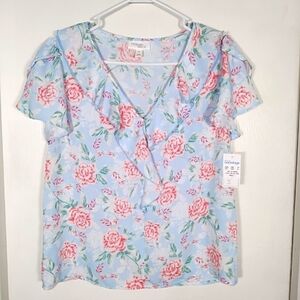 Morgan Taylor Women's S Light Blue Floral Blouse V-neck Ruffle Top NWT